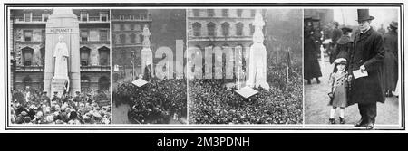 Scenes showing the unveiling of the memorial to Nurse Edith Cavell on 17 March 1920.  The memorial, which stands at the junction of St. Martin's Lane and Charing Cross Road, featured a statue by Sir George Frampton and was unveiled by Queen Alexandra.  Pictures show, from left, The Last Post sounded, the moment of the unveiling, the crowd surging round and Sir George Frampton the sculptor with the little boy who was the model for the child on the Humanity figure on the memorial.  Edith Cavell was a nurse arrested by the Germans in August 1915 on charges of helping 200 Allied soldiers escape to Stock Photo