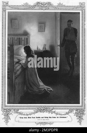 Girl praying, father returning home, WW1 Stock Photo