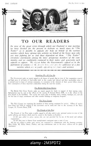 Page from the Tatler magazine, 12 August 1914 - its first issue dedicated to reporting on the war - appealing to its 'prosperous' readers to do all it can to help 'the various societies which have sprung into activity on behalf of the brave men who are now fighting for us and those dependent on them.'  The letter is printed beneath photographs of King George V and Queen Mary.       Date: 1914 Stock Photo