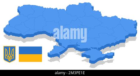 Isometric Ukraine Coat of arms, Flag and map. Ukraine is a country in Eastern Europe. Stock Vector