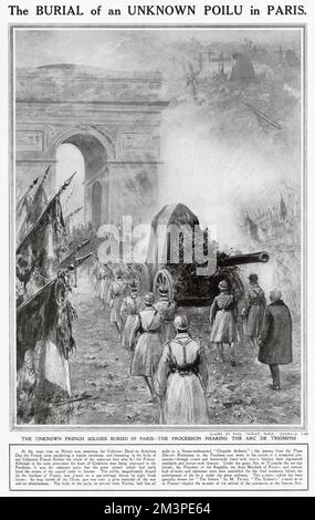 The unknown French soldier (Poilu) buried in Paris - the procession nearing the Arc de Triomphe where the body was interred.  The ceremony occurred at the same time as the British unknown warrior was buried in Westminster Abbey. Stock Photo