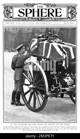 Front cover of The Sphere showing King George V placing a wreath on the coffin of the body of the unknown warrior as it passed the cenotaph on its journey to Westminster Abbey where it would be interred as part of the Armistice Day ceremony on 11 November 1920.  1920 Stock Photo