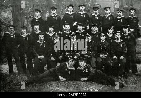 WW1 - Lieutenant Commander Otto Eduard Weddigen (1882 -1915), photographed with the crew of the German U-9 submarine. It is said that the crew also joined Weddigen as part of the U-29 submarine. The German U-29 sunk with all hands on 18th March 1915 in Pentland Firth.     Date: 1915 Stock Photo