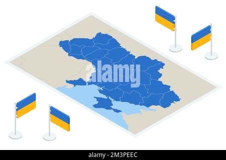 Isometric Ukraine Flag and map. Ukraine is a country in Eastern Europe. Stock Vector