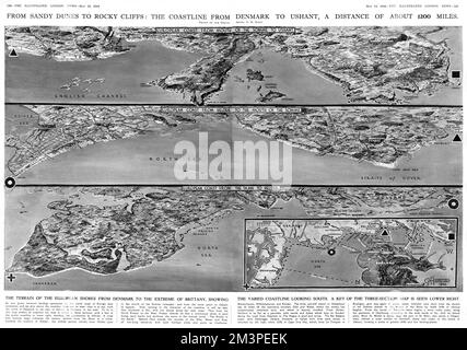 A double page spread of The Illustrated London News, published less than a month before the Allied D-Day Normandy landings, showing the terrain of the coastline of Europe from the north of Denmark to Ushant in Brittany, France. The clear implication is that the expected Allied amphibious landing on the continent would take place somewhere along this coastline.  May 1944 Stock Photo