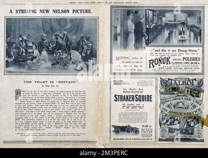 A page of four advertisements in Great War Deeds, a special panorama supplement produced by the Illustrated London News in 1915, featuring heroic actions of the First World War.  The adverts are for a reproduction of a new Nelson picture entitled The Toast is Britain by Fred Roe RI, Ronuk household polish, the Straker-Squire car, and the invincible Talbot armoured car.       Date: 1915 Stock Photo