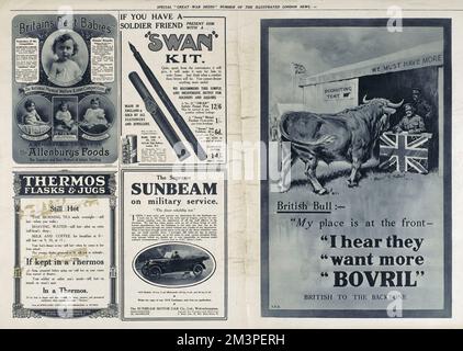 A page of five advertisements in Great War Deeds, a special panorama supplement produced by the Illustrated London News in 1915, featuring heroic actions of the First World War.  The adverts are for Allenbury's Foods for babies, Swan pens, Thermos Flasks and Jugs, the Sunbeam car, and Bovril, almost all of them containing an explicit reference to the war.       Date: 1915 Stock Photo