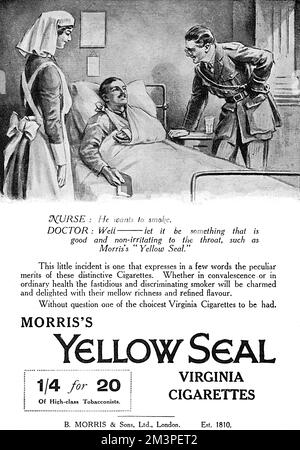 Advertisement for Morris's Yellow Seal Virginia cigarettes showing a wounded soldier recuperating in bed while an army doctor recommends Yellow Seal as non-irritating to the throat!     Date: 1918 Stock Photo