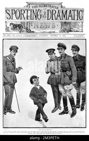 Front cover of The Illustrated Sporting and Dramatic News featuring a humorous illustration by Harold Cecil Earnshaw.  Earnshaw, known as 'Pat', was married to the illustrator Mabel Lucie Attwell and joined the Artists' Rifles during the First World War.  The caption explains what happened to him: 'Lce.-Cpl. Harold Earnshaw, Royal Sussex Regiment, the artist whose work is here reproduced, was wounded on February 13th last, and did not leave hospital until July 17th.  Although his right arm was blown off by a shell, that he has rapidly acquired skill in painting with his left hand will be seen Stock Photo