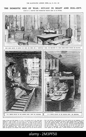 The Domestic Side of War: Menage in Billet and Dug-Out  A page from The Illustrated London News, 27 January 1917 with three drawings by A.Forestier based on eye-witness descriptions. Top: The Mess Room in a house where British officers are billeted. Lower left: In a British Dug-Out on the Western Front, using the telephone. Lower right: In a British Dug-Out on the Western Front, the Mess Room     Date: 1917 Stock Photo