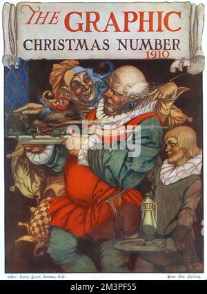 Front cover of The Graphic Christmas Number for 1910 featuring a jester, servant and page boy in Tudor dress bringing in boar's head at a festive feast.     Date: 1910 Stock Photo