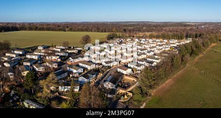 WAKEFIELD, UK - DECEMBER 14, 2022.  An aerial view of a caravan holiday park with static caravans in the countryside Stock Photo