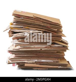 stack of cardboard, pile of waste corrugated cardboard used in packaging for recycling isolated on white background Stock Photo