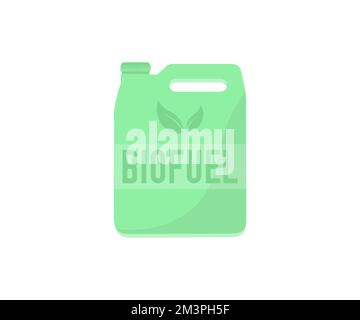 Biofuel canister, green jerrycan with biofuel label logo design. Renewable energy, ustainable development. Green Leaves and form plastic canister. Stock Vector