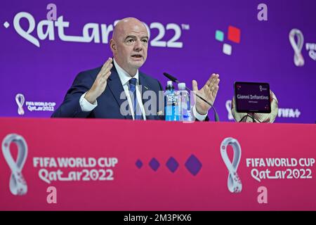 Doha, Qatar. 16th Dec, 2022. 2022 FIFA World Cup Press Conference before Final Games Dec 16th. Gianni Infantino, President of FIFA speaking to the press Credit: Action Plus Sports Images/Alamy Live News Stock Photo