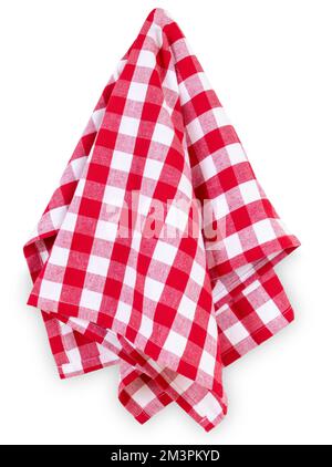 Hanging red checkered kitchen table towel isolated on white. Traditional picnic tablecloth. Stock Photo