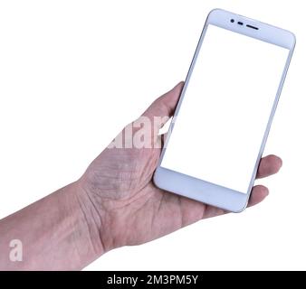 Woman hand holding smartphone with empty blank screen mock up isolated on white background. Stock Photo