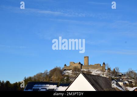 Nürburg in snow, winter 2022 Stock Photo