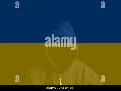 Double exposure of Flag of Ukraine and Anonymous person in hood. Stock Photo