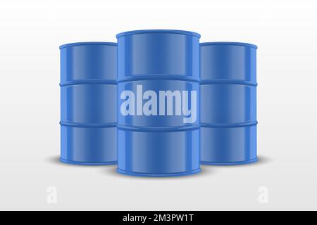 Vector 3d Realistic Three Blue Barrels, Hazard Liquid. Caution Barrel, Radioactive, Hazardous Chemical Materials, Toxic Pollution, Many Danger Barrels Stock Vector