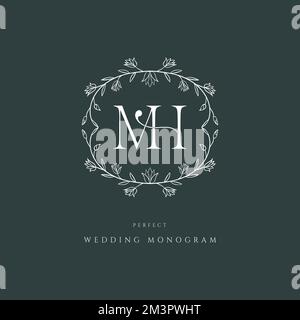 Modern classic MH wedding monogram serif font. Unique, luxurious, mature and elegant floral style logo. Perfect for a wedding monogram. Stock Vector