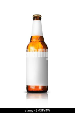 brown bottle with beer and blank label on white background Stock Photo