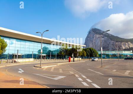 Terminal at Gibraltar International Airport with the Rock of Gibraltar, Gibraltar Stock Photo