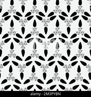 Black and white carrot silhouettes seamless pattern. Simple repeat vector illustration with carrot root with leaves. Perfect for textile fabric print. Stock Vector