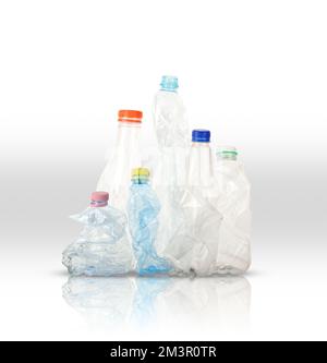Crumpled plastic water bottles on white background Stock Photo