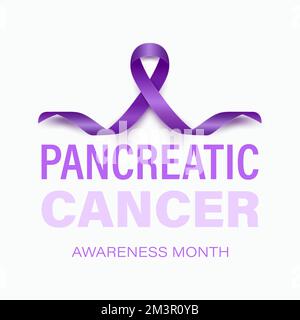 Pancreatic Cancer Banner, Card, Placard with Vector 3d Realistic Purple Ribbon on Purple Background. Pancreatic Cancer Awareness Month Symbol Closeup Stock Vector