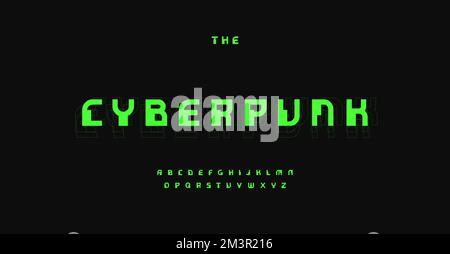 Cyberpunk font, retro digital typeset. Green hacker alphabet, pixel unusual type. Cyber tech letters for microchip hud, network ai, database UI Stock Vector