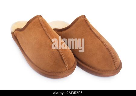 Studio shot of a pair of sheepskin mens slippers cut out against a white background - John Gollop Stock Photo