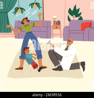 Family doctor coming to visit sick child at home. Pediatrician from pediatrics clinic treating kid at home with parents. Healthcare and medicine concept. Cartoon flat vector illustration. Vector illustration Stock Vector