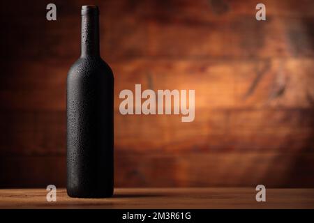 full wine bottle without label on wooden background Stock Photo