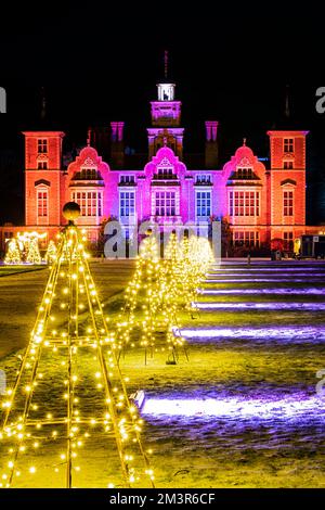 Blickling Hall stately home at Christmas with Christmas trees