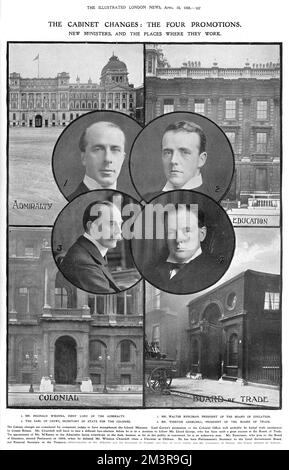 The four promotions of the Liberal Ministry: Mr Reginald M'Kenna, First Lord Admiralty; Mr Walter Runciman, President of the Board of Education; The Earl of Crewe, Secretary of State for the Colonies; and Mr Winston Churchill, President of the Board of Trade.     Date: 1908 Stock Photo