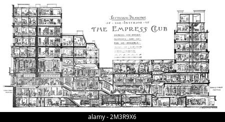 A Sectional Drawing through the extensive premises of The Empress Club, sitting between Dover Street and 13 Berkeley Street, W1, London. One of the very first 'Ladies' Clubs, The Empress Club was founded in 1897. The palaial building covered upwards of a quarter of an acre and was palatial in scope, boasting two drawing room -offering a choice between the Louis Quinze or the Venetian style, a dining room, a lounge, a smoking gallery and a smoking room, a library, a writing room, a tape machine for news, a telephone, and a staircase decorated with stained glass windows depicting Shakespeares he Stock Photo