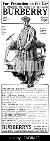 The Motor Burberry, universally recognised as the most perfect safeguard for motoring as it embodies in its design every feature that contributes to health, comfort and protection.       Date: 1919 Stock Photo