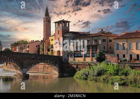 The roman Stone Wall Bridge (Ponte Pietra) over the Adige River. Verona, Italy, Europe. Stock Photo