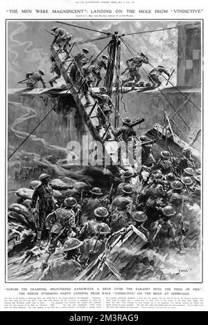 &quot;The men were magnificent&quot;: landing on the mole from HMS Vindictive. The story of the landing on Zeebrugge Mole was vividly told in the account issued by the Admiralty, &quot;it involved a passage across the crashing, splintering gangways, a drop over the parapet into the field of fire of the German machine guns, and a further drop of 16 feet to the surface of the Mole itself. Many were killed and more were wounded.&quot; The men were laden with Stokes guns and wore steel helmets and gas masks.     Date: 1918 Stock Photo