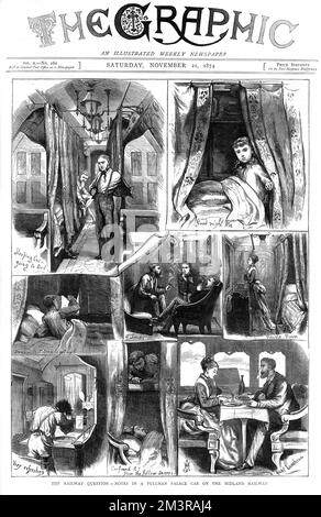 Front cover of The Graphic featuring sketches of the interior of a very comfortable looking Pullman car on board a train on the Midland Railway in 1874.  Scenes shown include sleeping arrangements, washing facilities, a smoking room, a couple enjoying a quiet luncheon as well as one passenger suffering due to the snoring of his travelling companion in the bunk bed below.         Date: 1874 Stock Photo