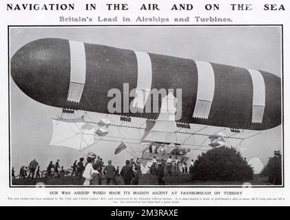 The new British lead military airship Dirigible No 1, christened Nulli Secundus, made its maiden ascent at Farnborough. The early design work was carried out by Colonel James Templer, and it was completed by Colonel John Capper of the Royal Engineers and Samuel Cody, who was mainly responsible for developing the steering gear and power installation.      Date: 10th September 1907 Stock Photo