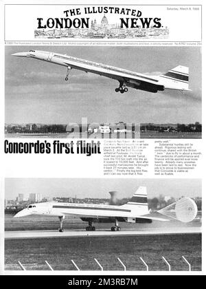 Front page (not cover) of the Illustrated London News showing the first flight of the supersonic air liner Concorde at the Sud-Aviation airfield at Toulouse.  The chief test pilot was M. Andre Turcat who took the 110 ton craft into the air and soared to 10000 feet.       Date: 1969 Stock Photo