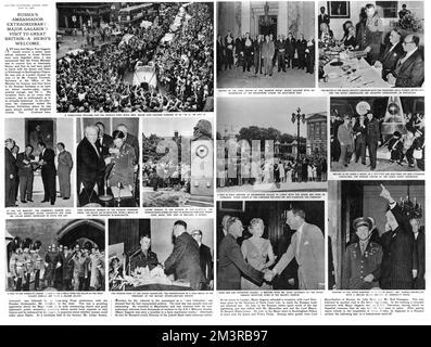 Double page spread from the Illustrated London News reporting on the visit of Russian cosmonaut, Major Yuri Gagarin to London in July 1961.  Photographs show him meeting the Prime Minister, Harold Macmillan as well as leader of the opposition, Hugh Gaitskill, being received by the Lord Mayor, visiting Buckingham Palace for a meeting with the Queen and the grave of Karl Marx in Highgate Cemetery.       Date: 1961 Stock Photo