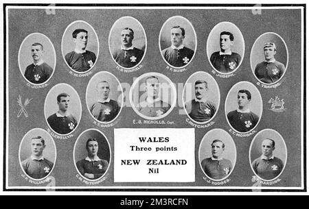 A team photograph celebrating the player of the Welsh rugby team, who beat the previously undefeated New Zealand by three points to nil in the cup final match on 16th December 1905.     Date: 1905 Stock Photo
