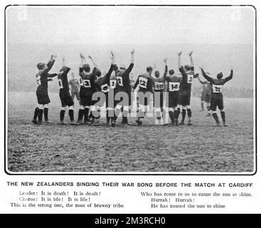 The New Zealand rugby team singing their war song before the match against Wales at Cardiff on 16th December 1905. Wales went on to win a historic victory against the New Zealanders.     Date: 16th December 1905 Stock Photo