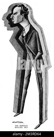 Sir Oswald Mosley, 6th Baronet (1896-1980), British right-wing politician, founder and leader of the British Union of Fascists (BUF) caricatured by Autori in The Tatler.  When this picture was published in 1931, the magazine comments, 'The New Party, fathered by Sir Oswald Mosley, the Labour member for Smethwick, is not the first of its kind in the history of the Mother of Parliaments, for other Dissentershave arisen in the past and flung themselves into the blue like brilliant comets from the parent planet.  No one would be so venturesome as to predict that a new heaven and a new earth can be Stock Photo