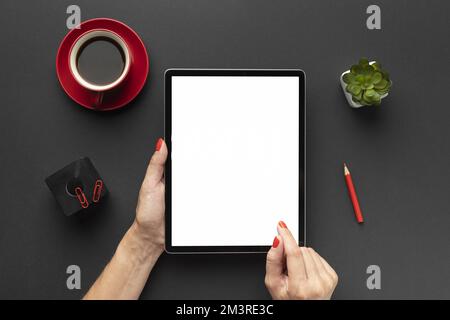 Top view office desk composition with tablet. Resolution and high quality beautiful photo Stock Photo