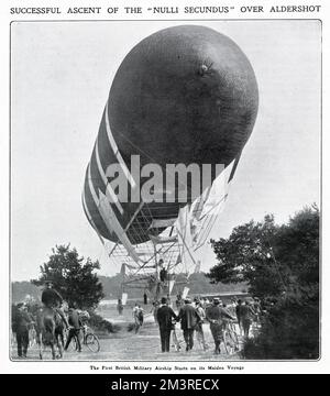 The new British lead military airship Dirigible No 1, christened Nulli Secundus, made its maiden ascent over Aldershot. The early design work was carried out by Colonel James Templer, and it was completed by Colonel John Capper of the Royal Engineers and Samuel Cody, who was mainly responsible for developing the steering gear and power installation.      Date: 10th September 1907 Stock Photo