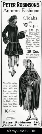 Autumn fashions for twenties women, left; black distinctive short coat, made from mohair with broad -tail effect lined in satin, right; charming wrap of chiffon velvet with new deep rope collar of self material lined with rich satin or charmeuse.     Date: 1922 Stock Photo